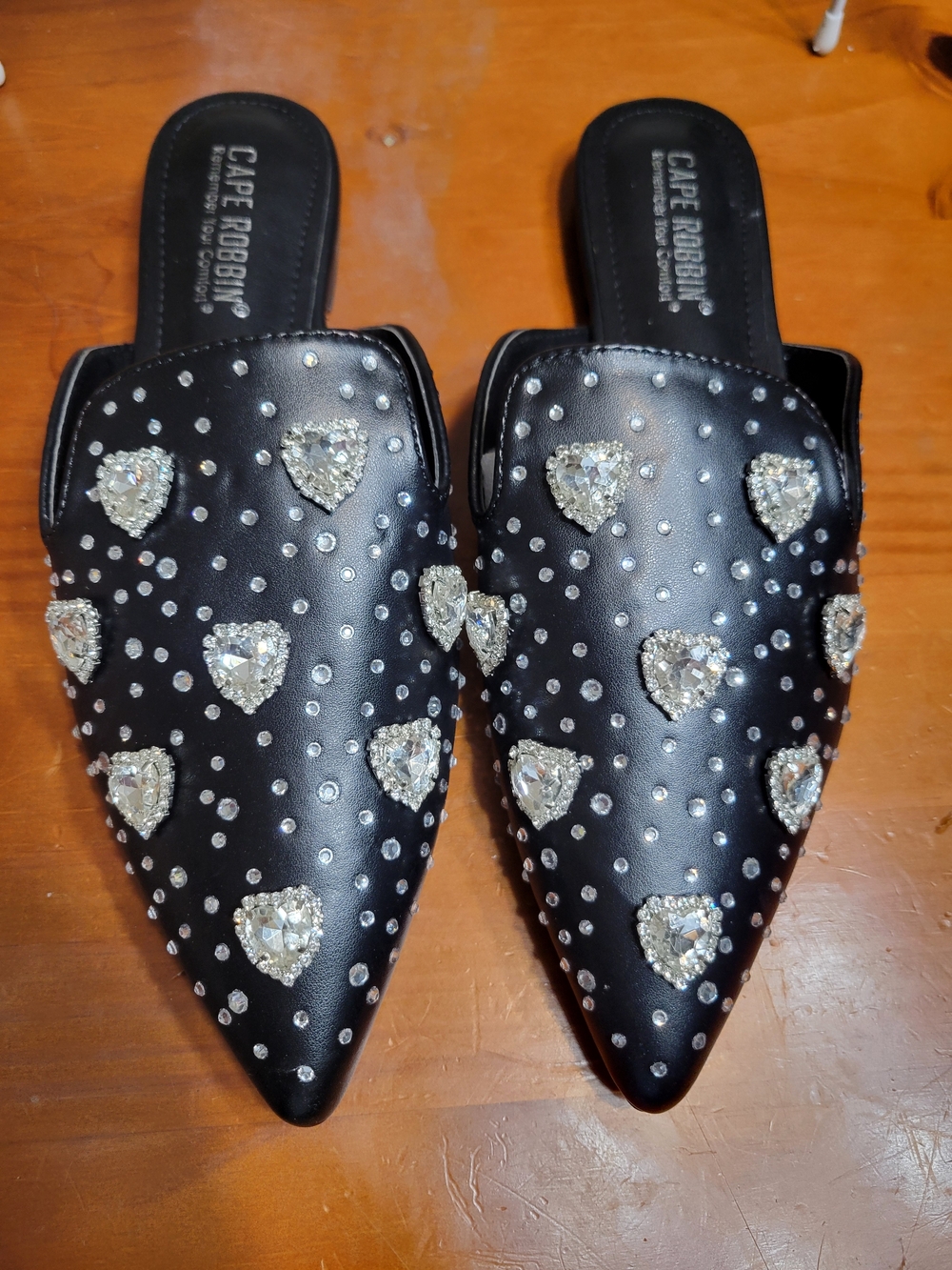 Cape Robbin Black Crystal Heart Pointed Mules